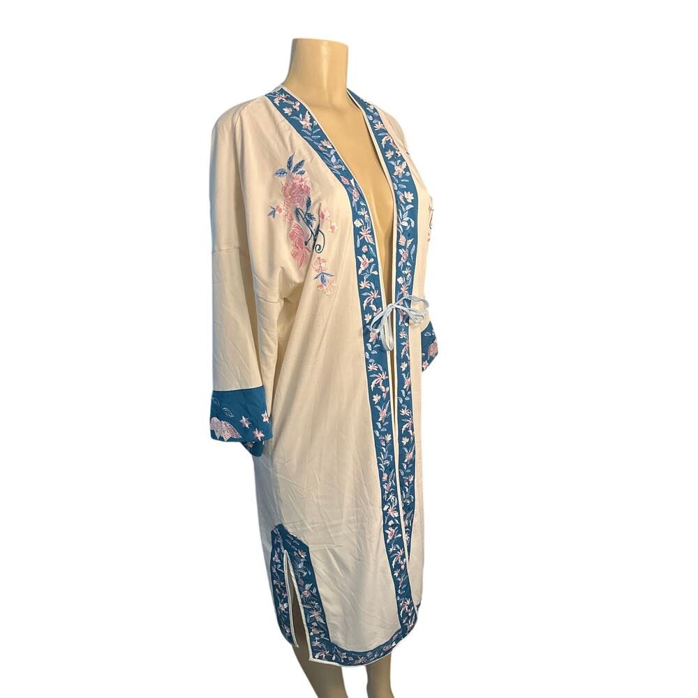 M L Anthropologie Willow & Clay Embroidered Kimono Robe Satin Boho Floral Duster